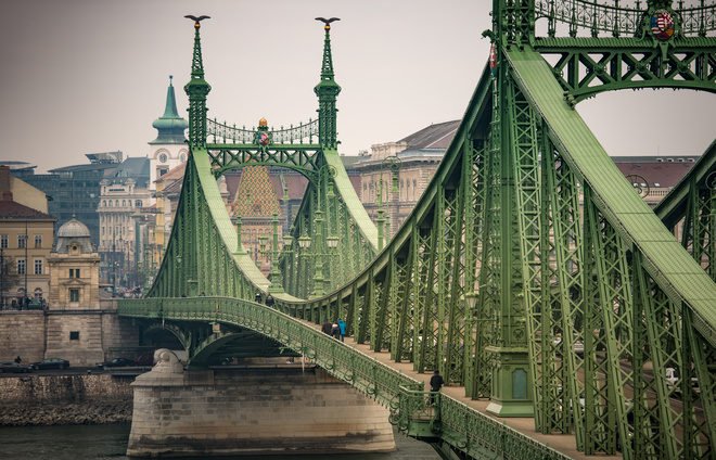 Liberty bridge over Danube river. Budapest city in background. Hungary, Europe.