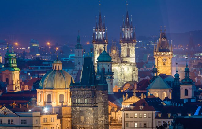 Aerial view of Prague landmarks, Czeh