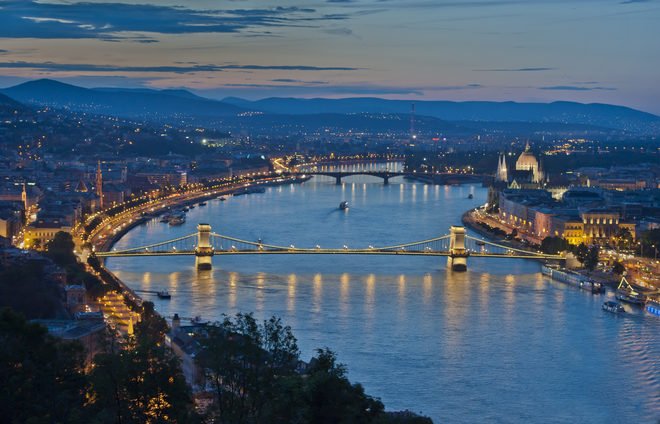 Budapest by night, view on the Danube river and the Chain Bridge