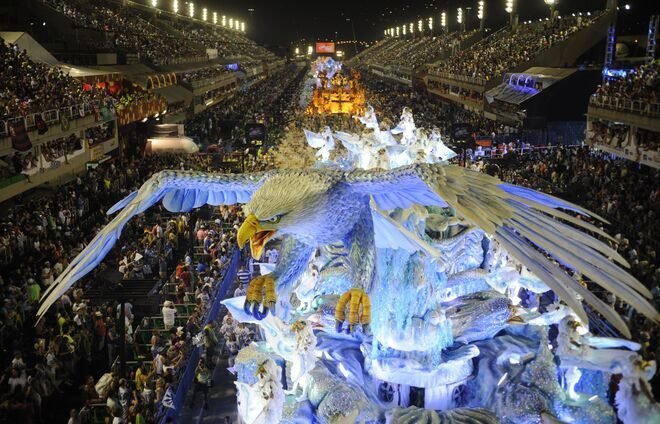 Stop at the Sambadrome, a parade area in downtown Rio, where samba schools parade competitively each year during the Rio Carnival.