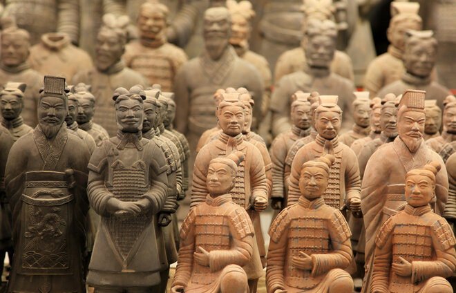 Examine the Terra Cotta Warriors, thousands of life-size ceramic soldiers and horses “guarding” the tomb of China’s first emperor.
